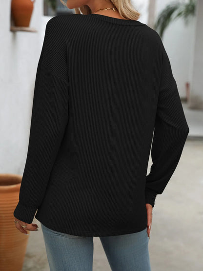Trendsi Ribbed V-Neck Long Sleeve T-Shirt