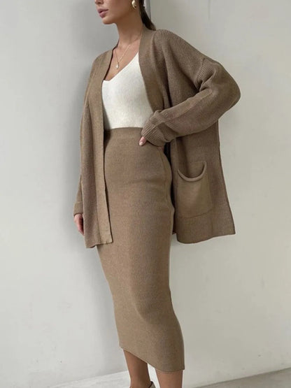 Pocketed Long Sleeve Cardigan and Skirt Sweater Set Easy Apparels