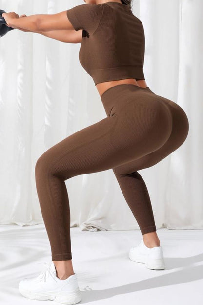 V-Neck Crop Top and High Waistband Long Active Pants Easy Apparels