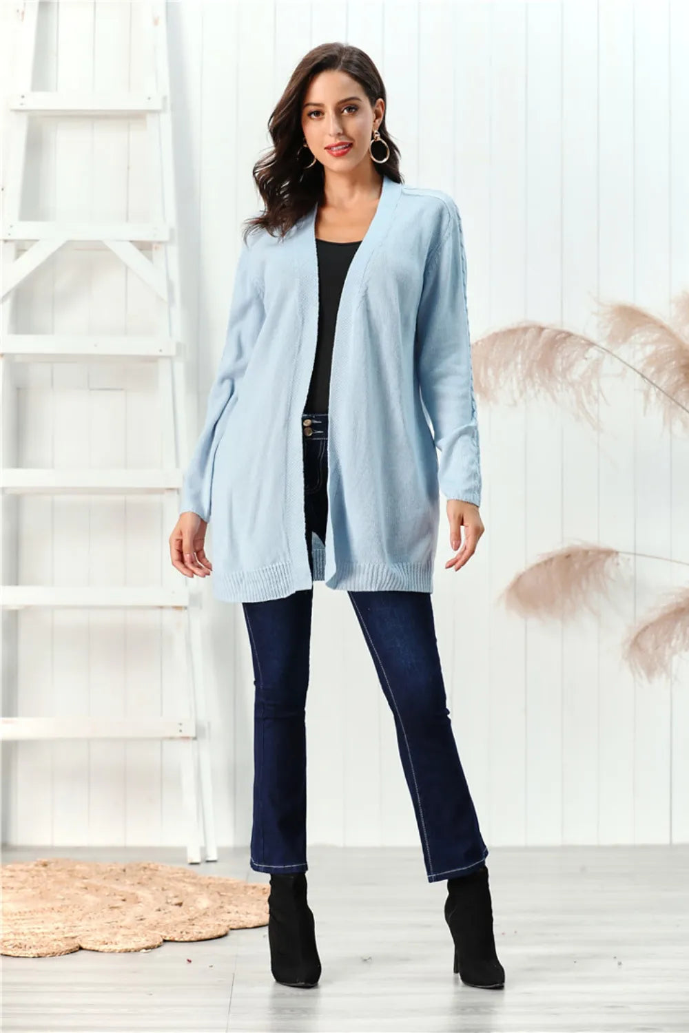Cable-Knit Open Front Long Sleeve Cardigan Easy Apparels