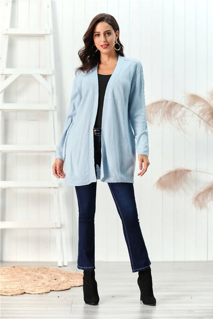 Cable-Knit Open Front Long Sleeve Cardigan Easy Apparels