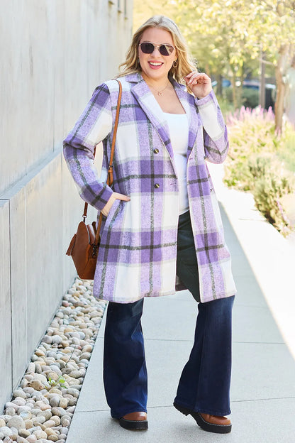 Double Take Full Size Plaid Button Up Lapel Collar Coat Easy Apparels