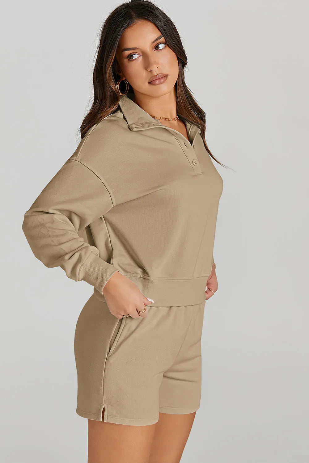 Half Button Sweatshirt and Shorts Active Set Easy Apparels