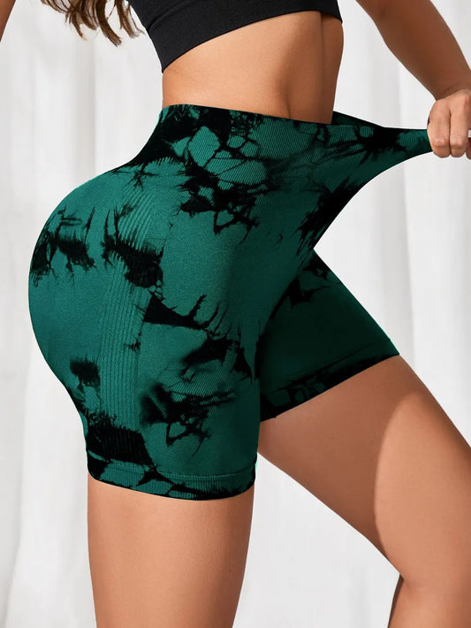 Tie-Dye High Waist Active Shorts Dark Green Easy Apparels