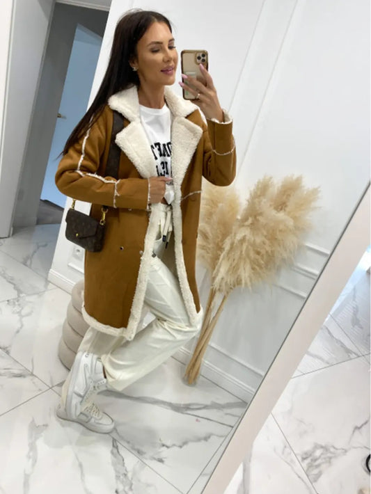 Lapel Collar Exposed Seam Buttoned Coat Camel Easy Apparels