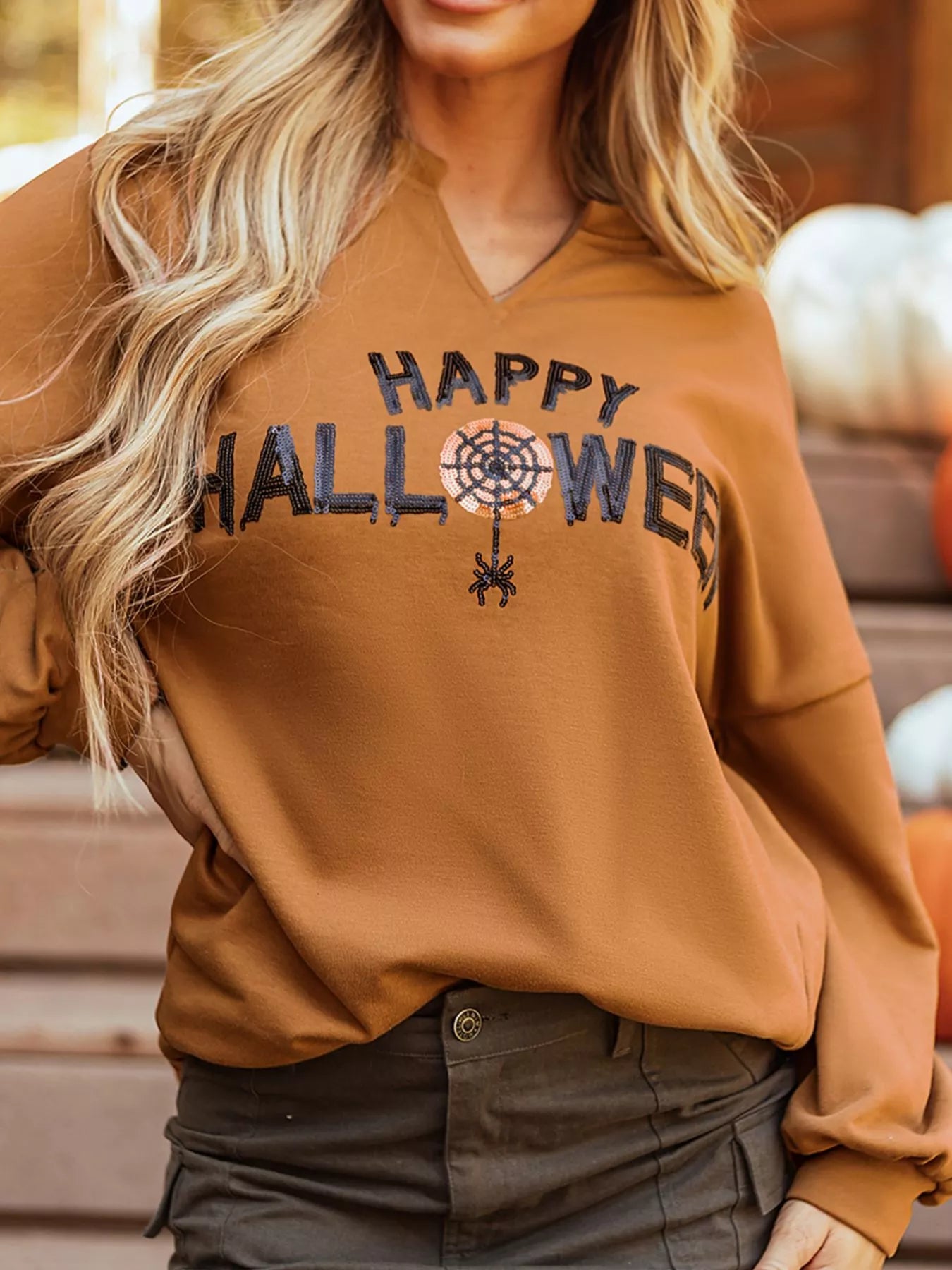 Happy Halloween Graphic Notched Long Sleeve Loose Top Easy Apparels