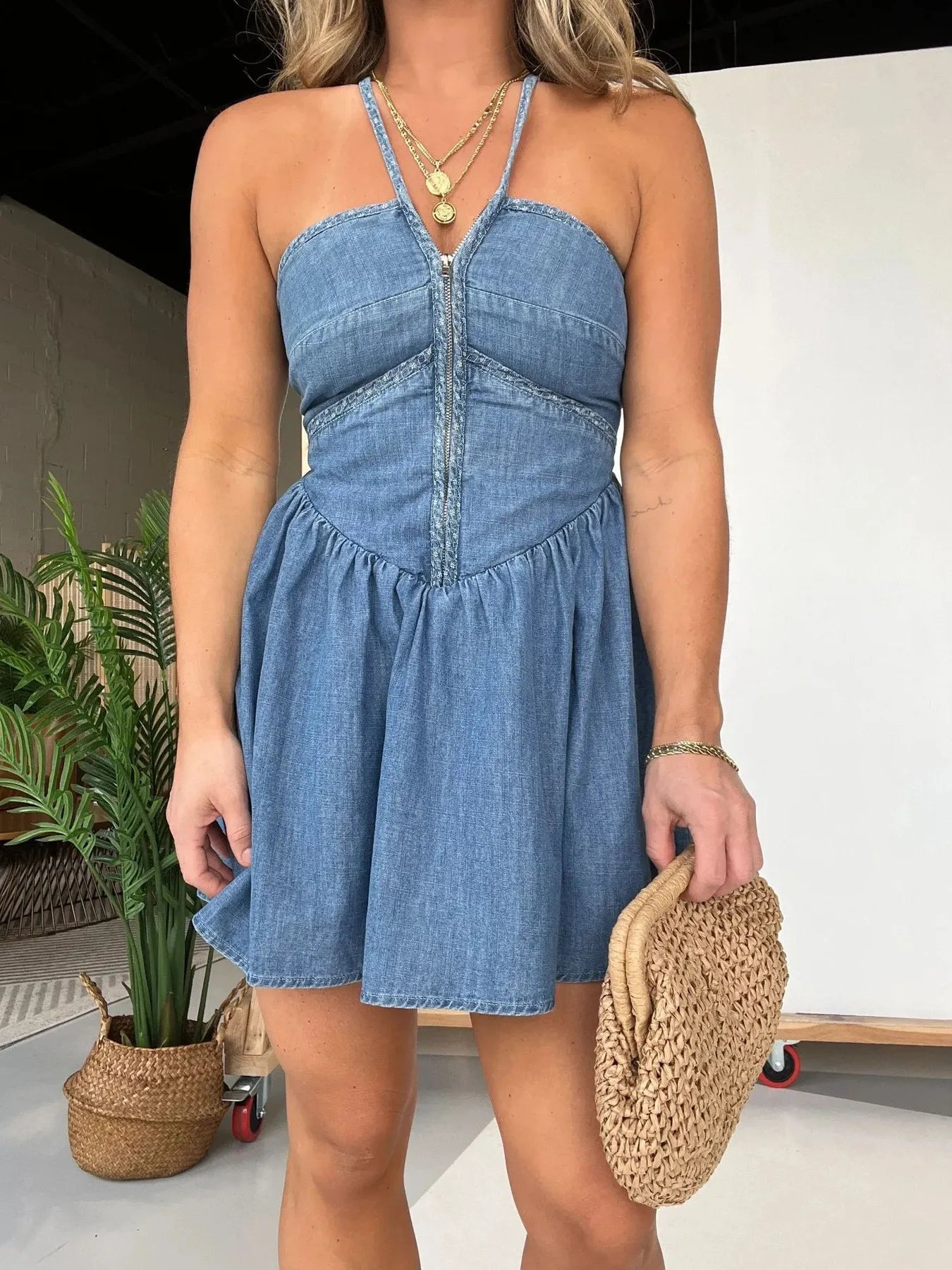 Full Size Lace Up Halter Neck Denim Dress Plus Size Easy Apparels