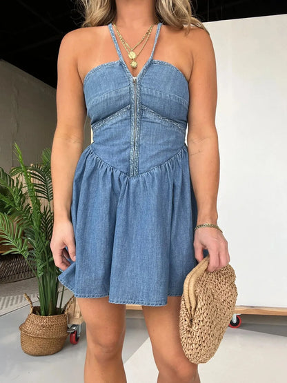 Full Size Lace Up Halter Neck Denim Dress Plus Size Easy Apparels