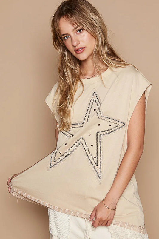 Trendsi POL Star Patch Studded Sleeveless T-Shirt with Lace Hem Tan