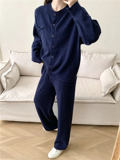 Pocketed Round Neck Button Up Cardigan and Pants Sweater Set Easy Apparels