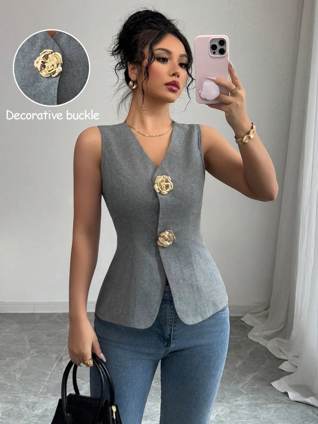 Trendsi V-Neck Button Detail Tank Top