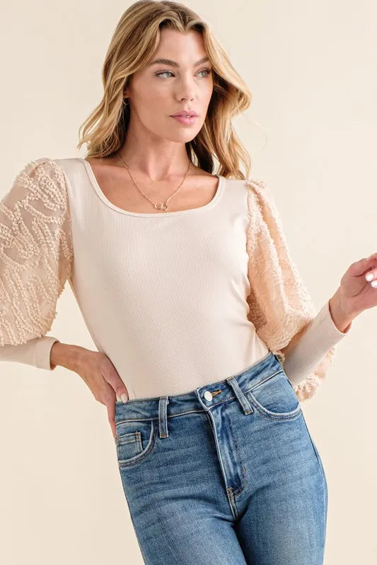 Trendsi And The Why Textured Puff Sleeve Bodysuit Beige