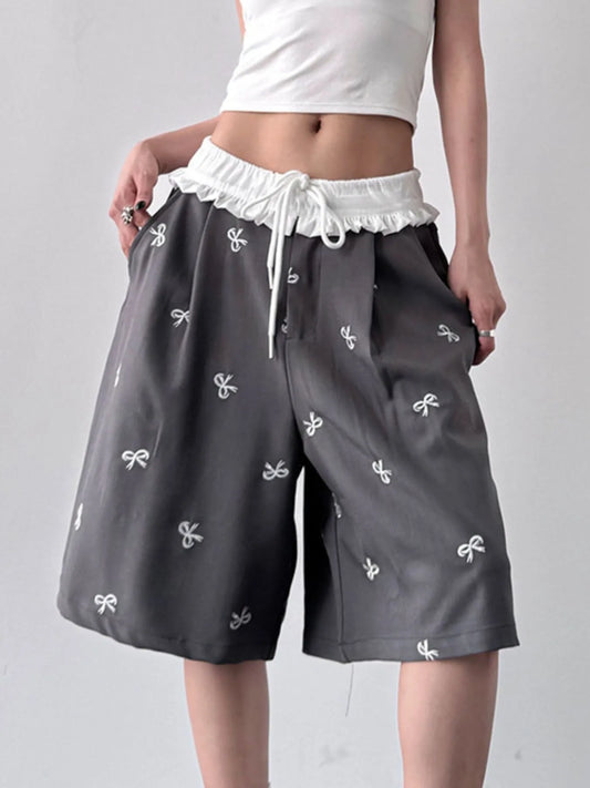 Bow Print Wide Leg Shorts with Contrast Ruffle Waistband Grey Easy Apparels