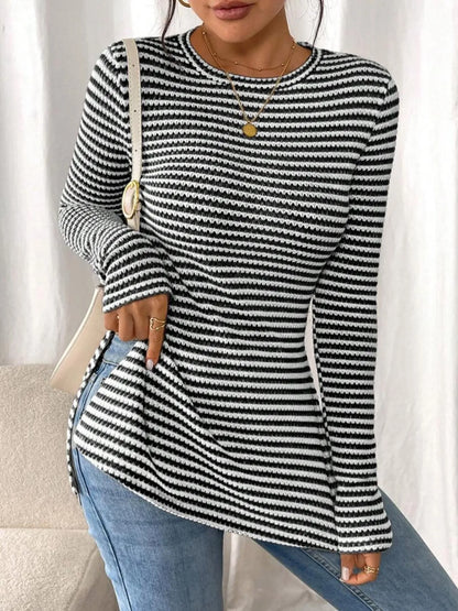 Trendsi Side Slit Striped Long Sleeve T-Shirt