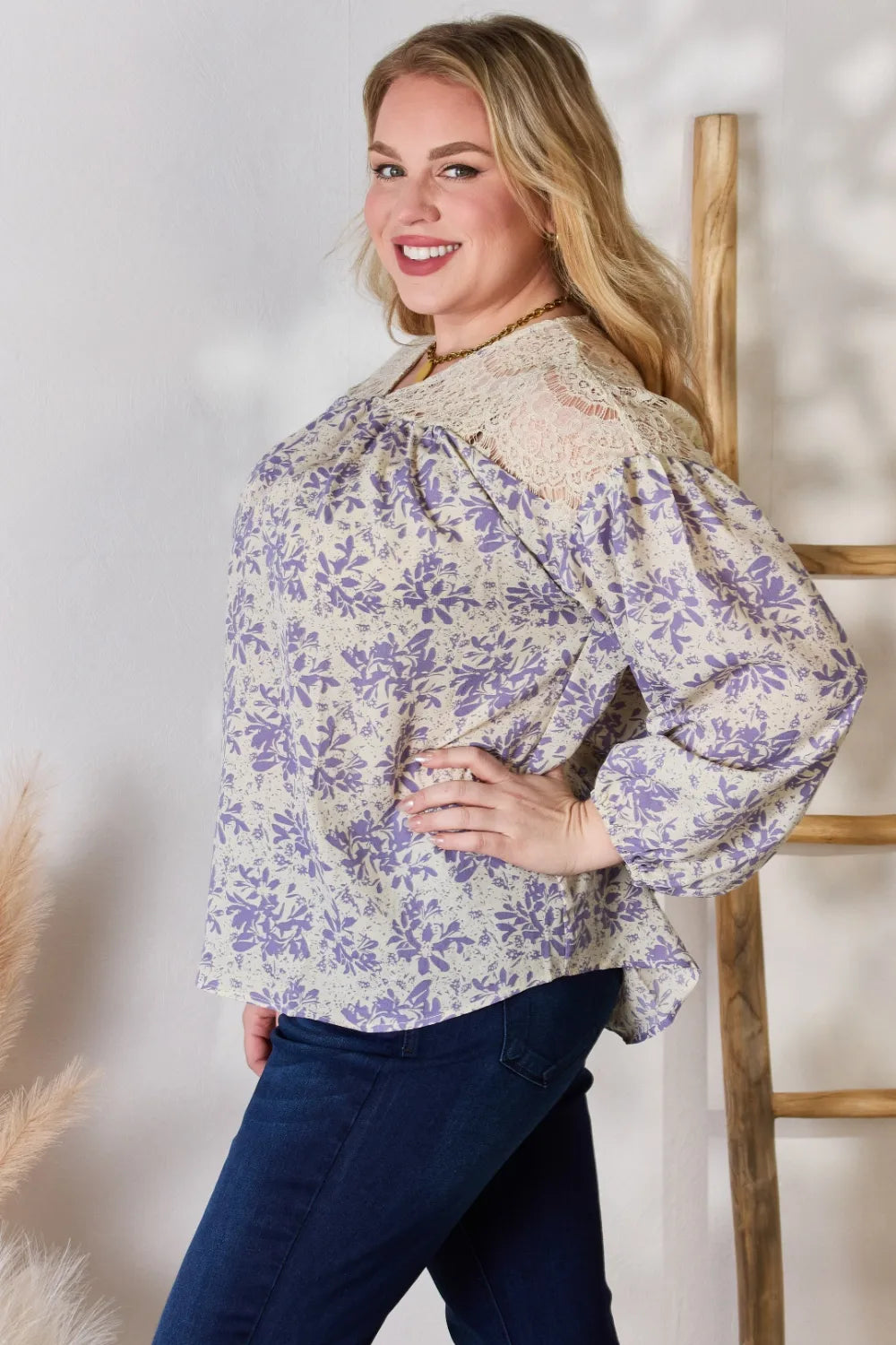 Trendsi Hailey & Co Full Size Lace Detail Printed Blouse