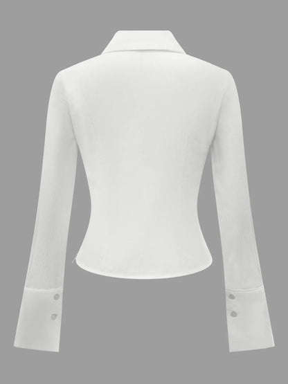 Trendsi Ruched Striped Collared Neck Long Sleeve Shirt