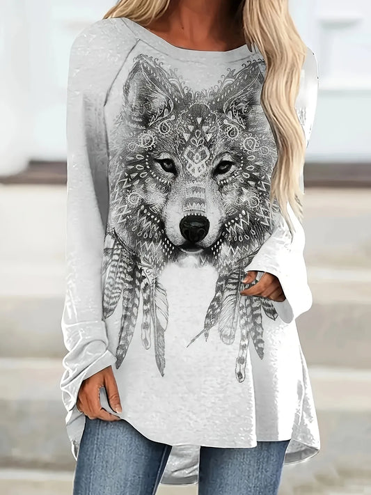 Trendsi Bohemian Wolf Print Long Sleeve T-Shirt Light Gray