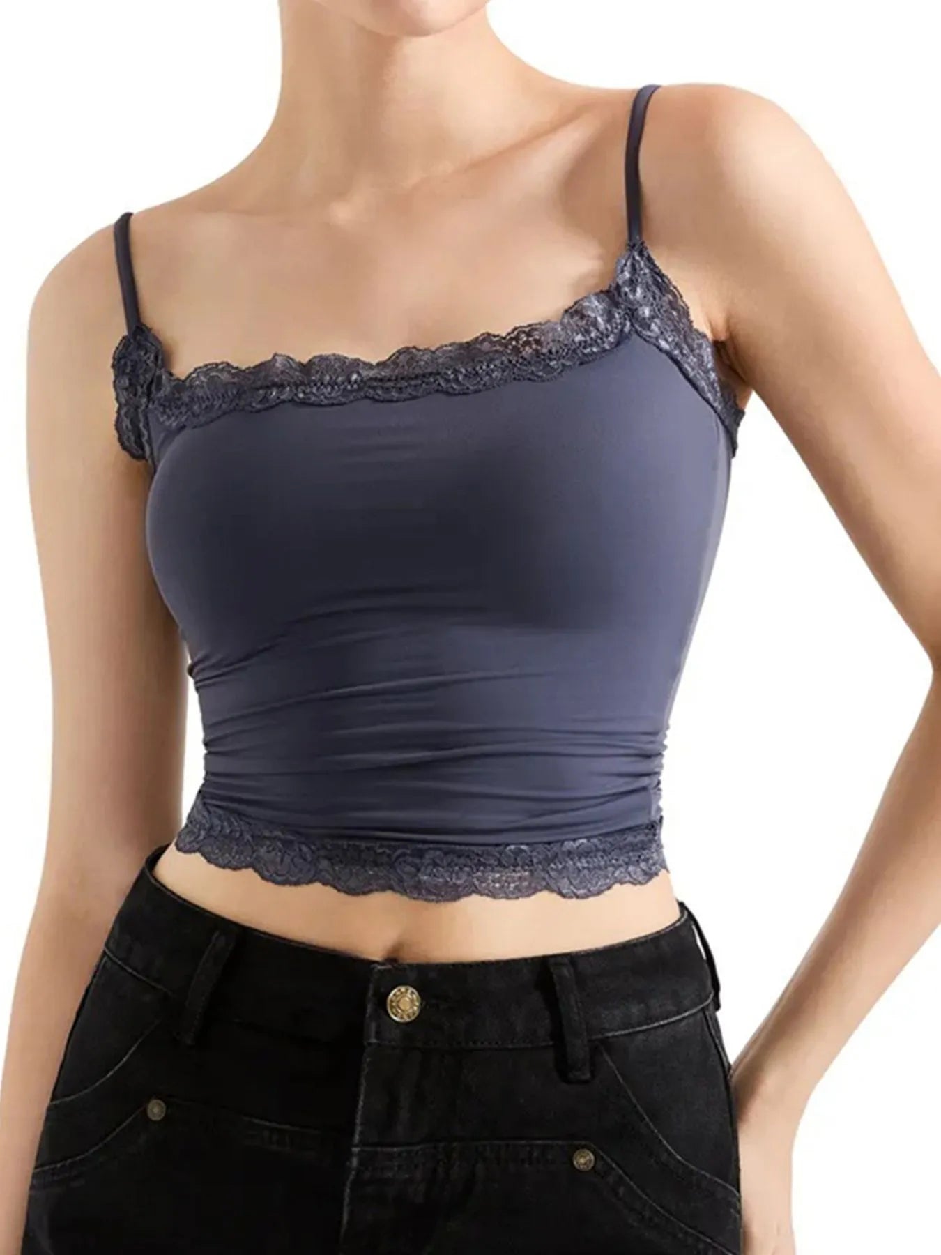Trendsi Lace Trim Cami Top Gray Blue