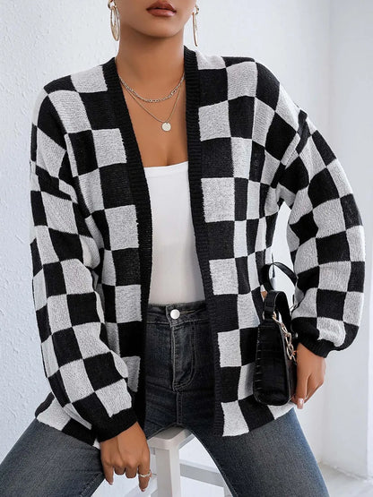 Checkered Open Front Long Sleeve Cardigan Easy Apparels