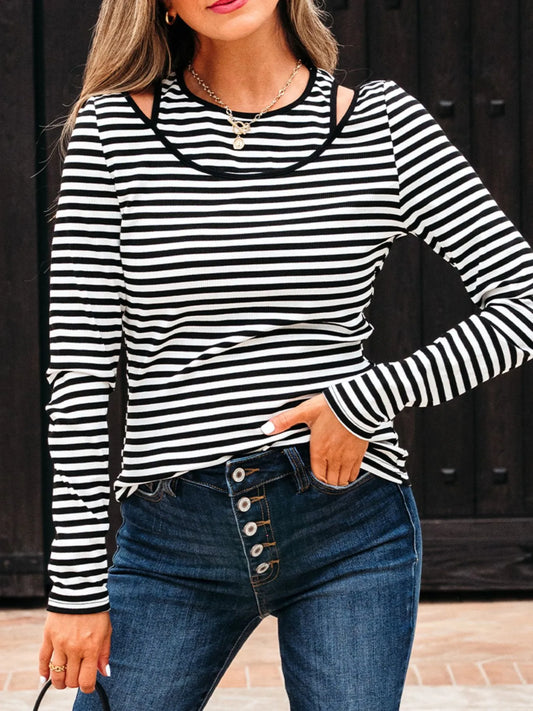 Trendsi Stripe Double-layer Cold Shoulder Long Sleeve Top Stripe