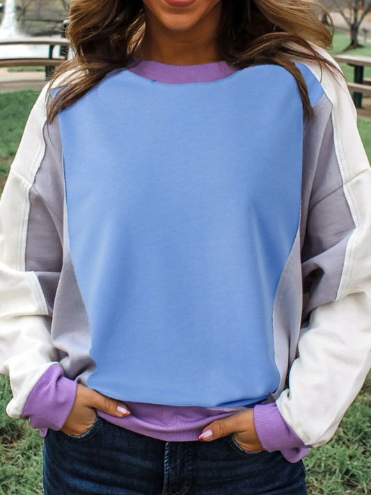Trendsi Exposed Seam Colorblock Patchwork Ribbed Trim Sweatshirt Dusty Blue