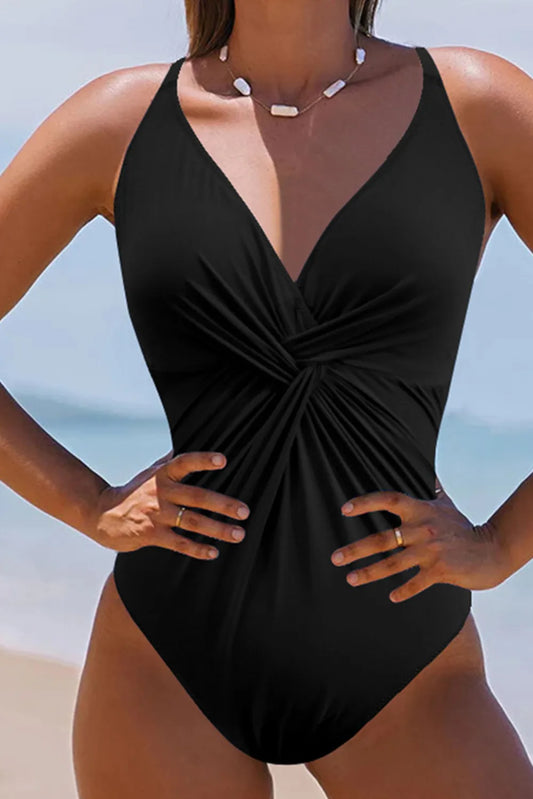 Twisted Crisscross V-Neck One-Piece Swimwear Black Easy Apparels