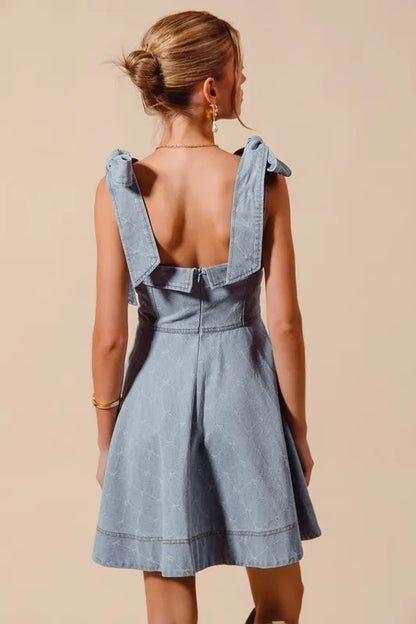 SO ME A Line Fit and Flare Diamond Bow Ribbon Denim Dres Easy Apparels