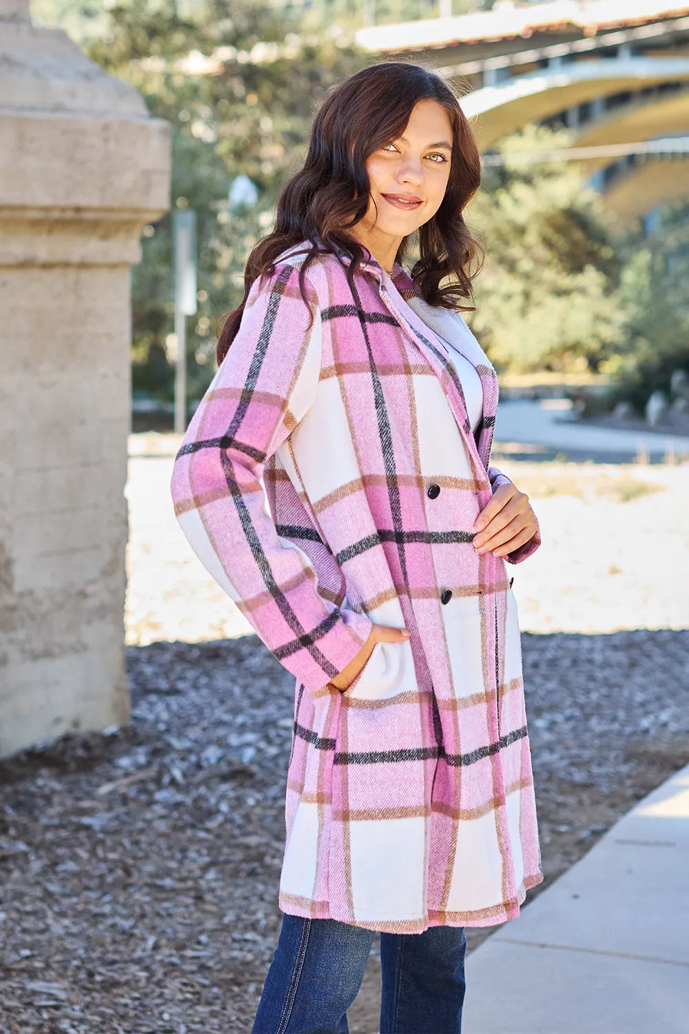 Double Take Full Size Plaid Button Up Lapel Collar Coat Easy Apparels