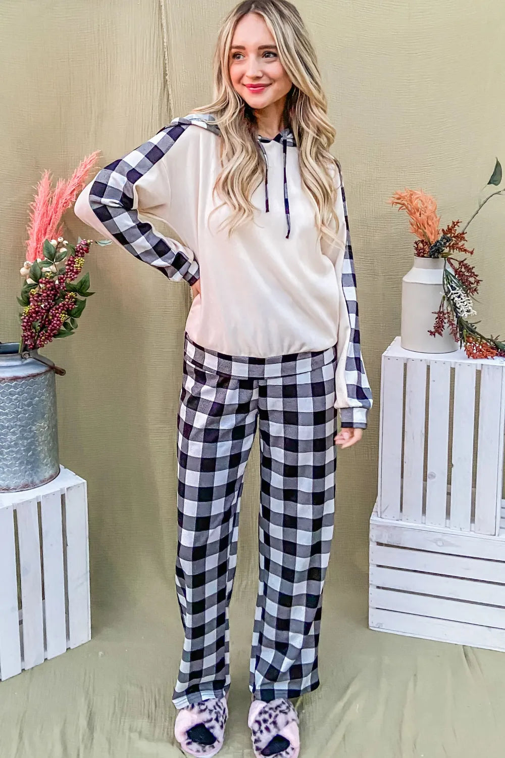 And The Why Drawstring Hooded Top and Plaid Pants Lounge Set Easy Apparels