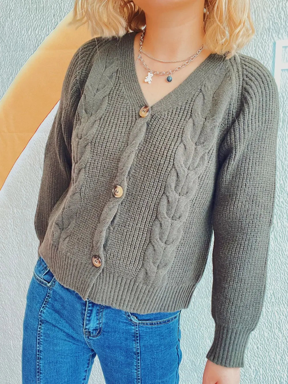 Cable-Knit V-Neck Button Down Long Sleeve Cardigan Sage One Size Easy Apparels