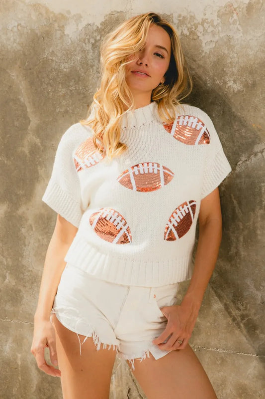 Trendsi BiBi Gameday Sequin Football Patches Rib Banded Sweater IVORY