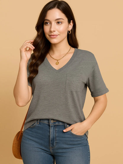 Trendsi V-Neck Pocket T-Shirt Gray