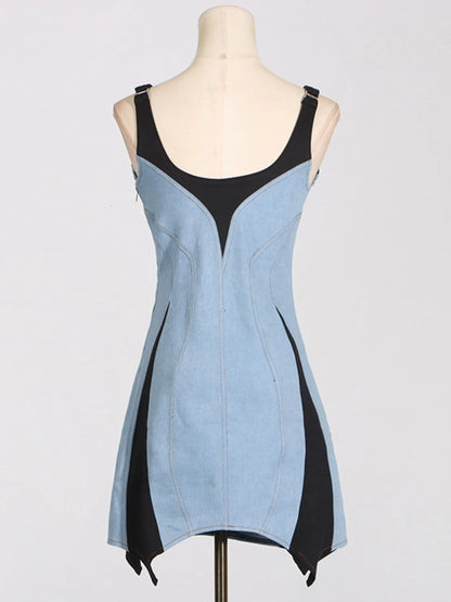 Contrast Adjustable Strap Denim Dress Easy Apparels