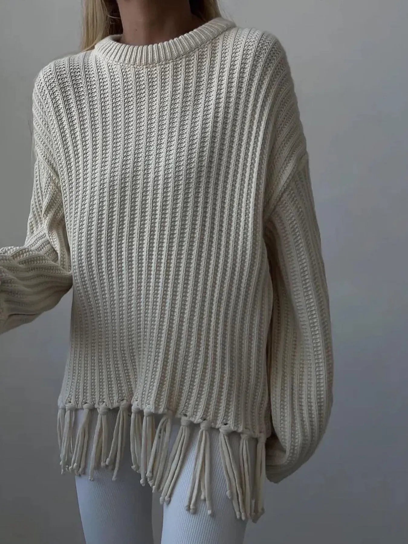 Trendsi Fringe Round Neck Long Sleeve Sweater