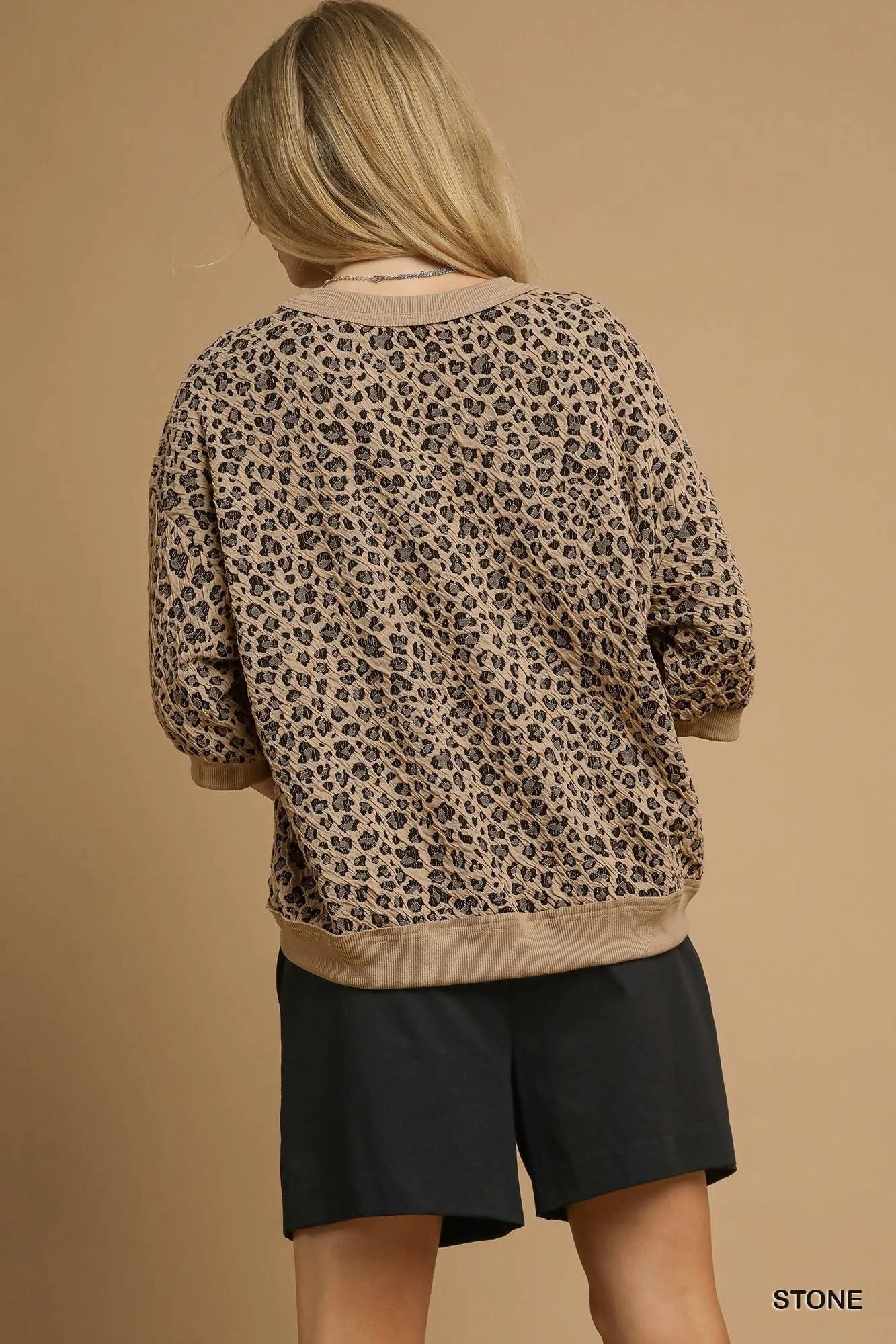 Trendsi Umgee Leopard Knit Jacquard Puff Sleeve Sweatshirt
