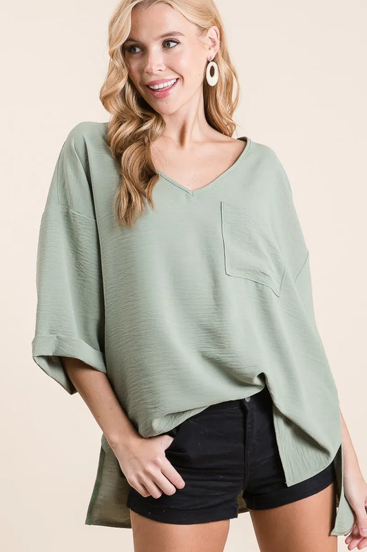 Trendsi BiBi Flowy Woven V-Neck Top with Rolled Up Cuffs SAGE