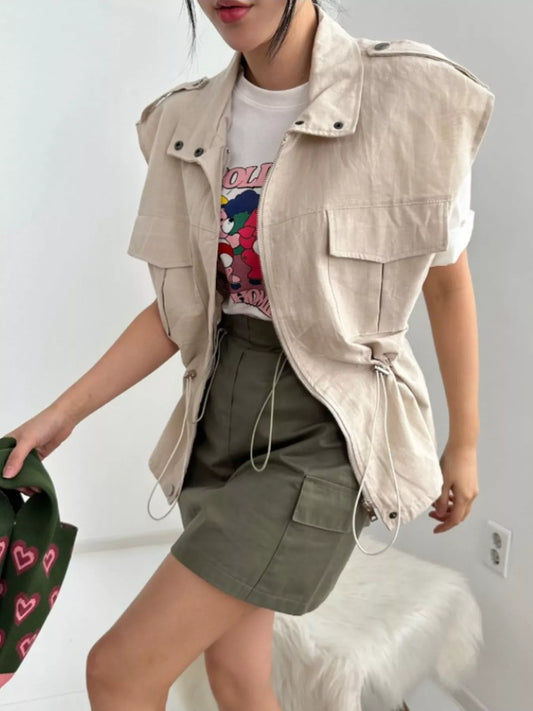 Drawstring Zip Up Vest Coat Khaki Easy Apparels