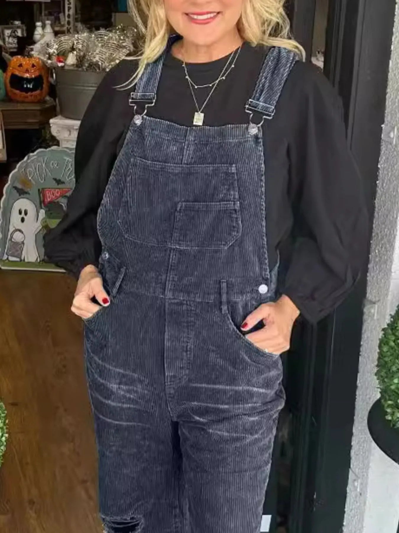 Distressed Wide Leg Corduroy Overalls Easy Apparels