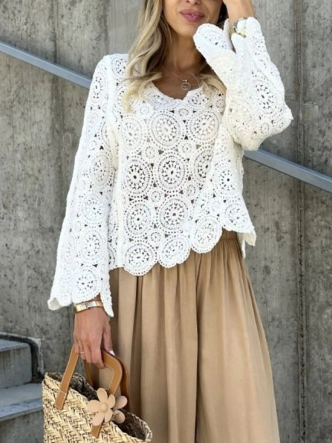 Trendsi Crochet Lace V-Neck Bell Sleeve Knit Top
