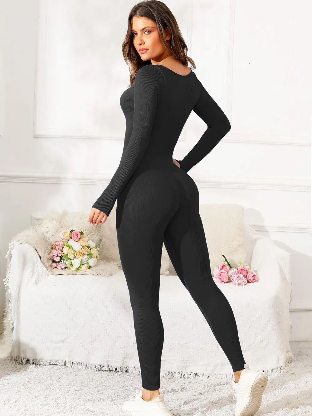 Scoop Neck Long Sleeve Active Jumpsuit Easy Apparels