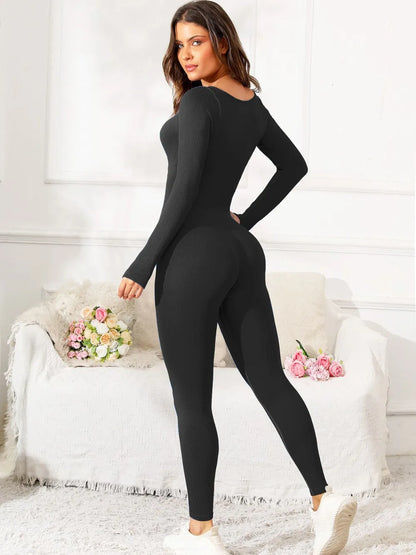Scoop Neck Long Sleeve Active Jumpsuit Easy Apparels