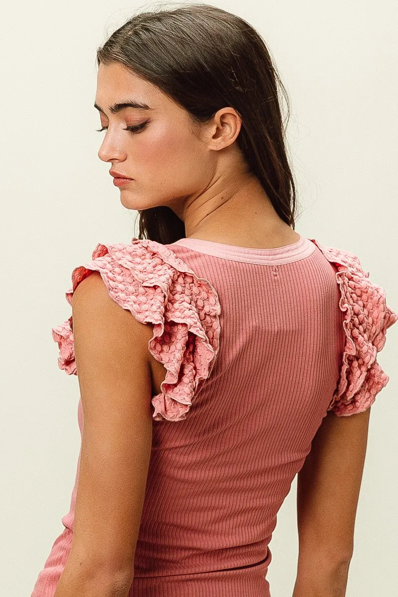 Trendsi BiBi Rib Knit With Textured Ruffled Top