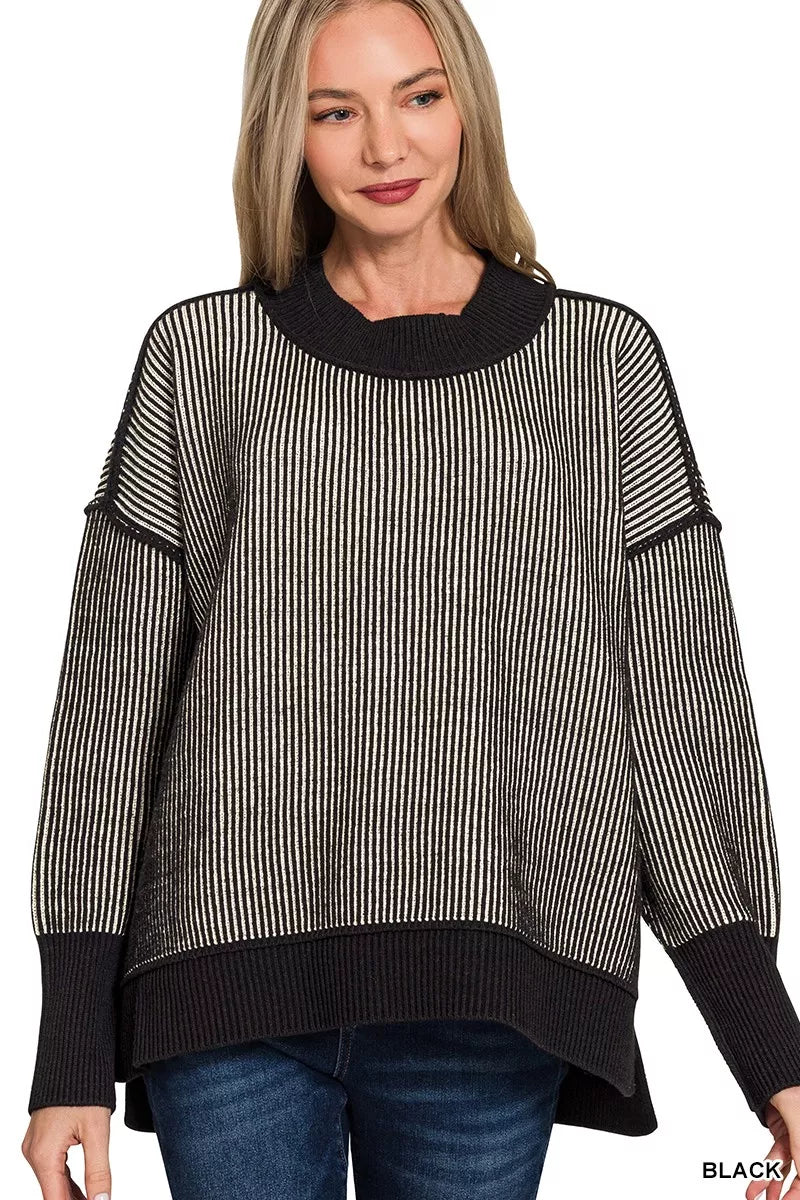 Trendsi Zenana Exposed Seam Two Tone Ribbed Sweater BLACK