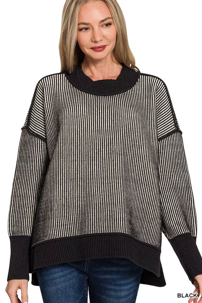 Trendsi Zenana Exposed Seam Two Tone Ribbed Sweater BLACK