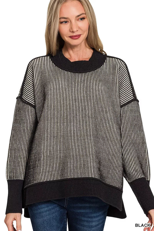 Trendsi Zenana Exposed Seam Two Tone Ribbed Sweater BLACK