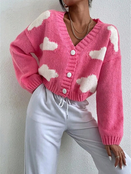 Contrast Cloud Pattern Cropped Button-Up Cardigan Easy Apparels