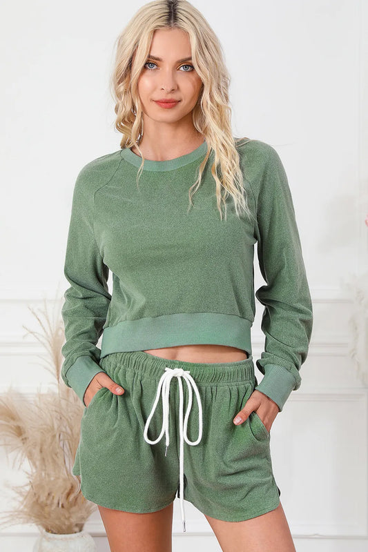 Round Neck Long Sleeve Top and Drawstring Shorts Lounge Set Gum Leaf Easy Apparels