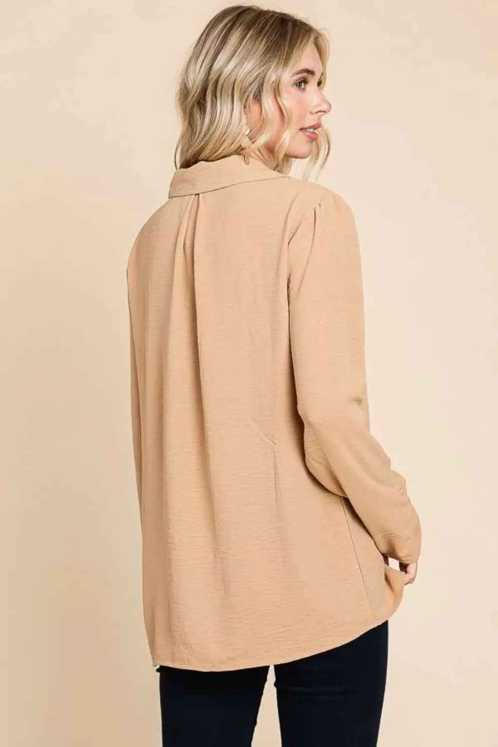 Trendsi Culture Code Full Size Lapel Collar Ruched Long Sleeve Blouse