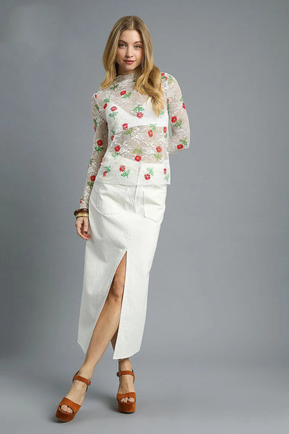 Trendsi Umgee Floral Mock Neck Long Sleeve Sheer Top