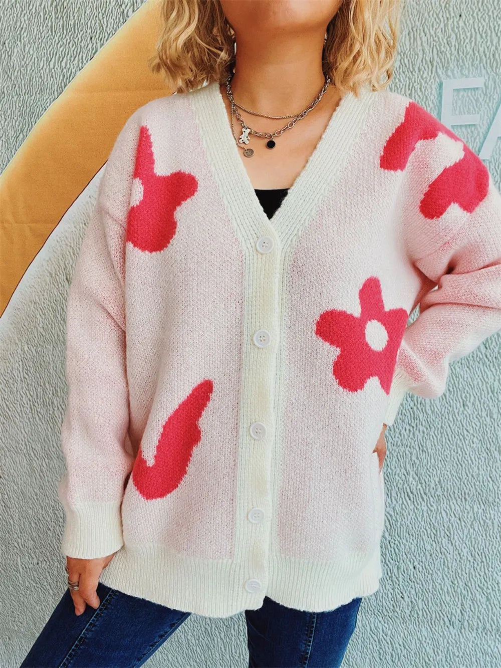 Flower Button Down V-Neck Long Sleeve Cardigan Easy Apparels